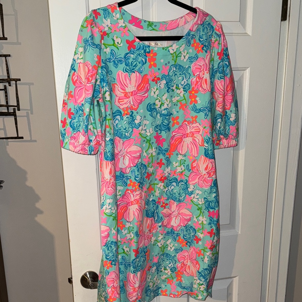 Lilly Pulitzer Cayce Short Puff Sleeve Dress Size XL Surf Blue Luscious Lions